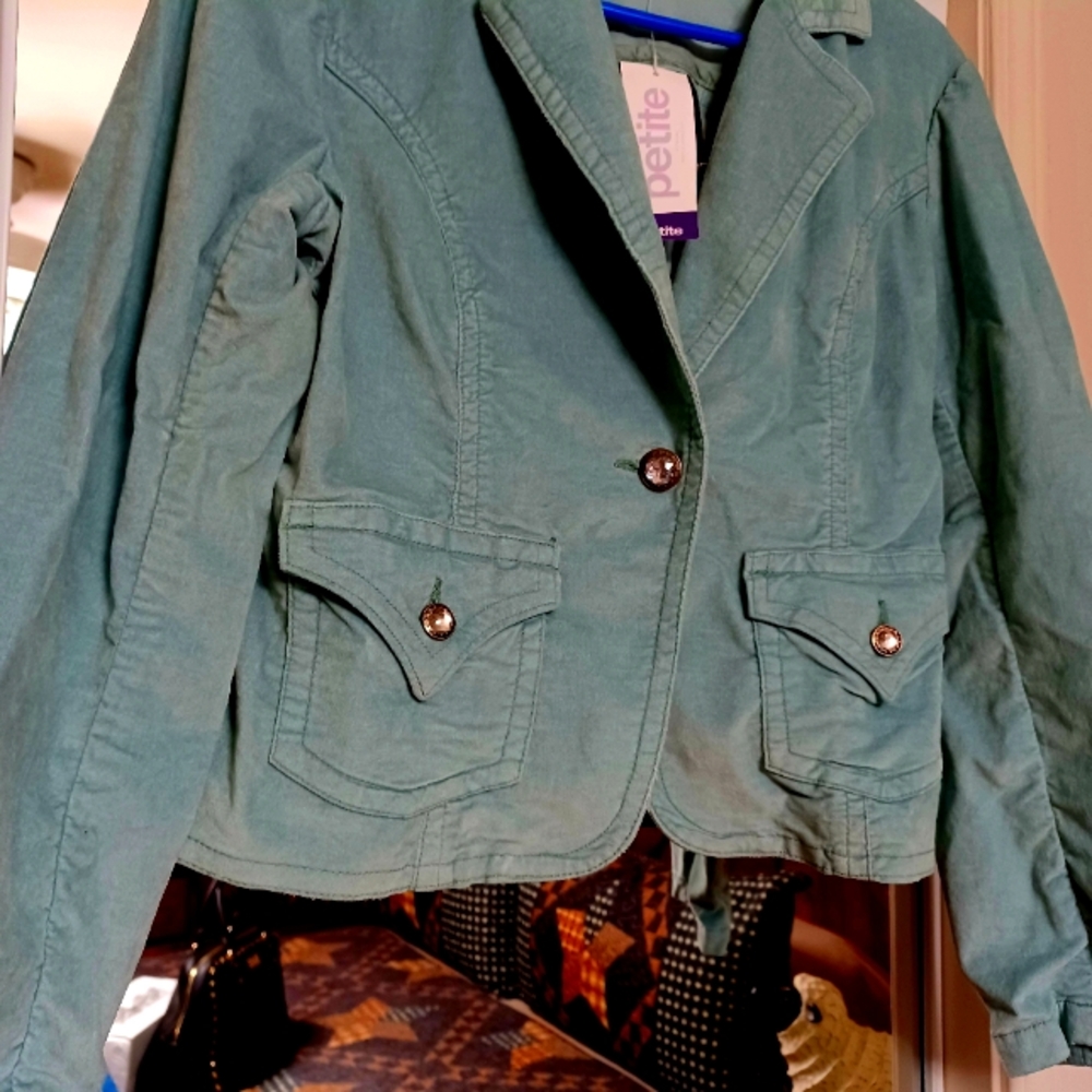 Green velvet short jacket NWT size Petite Large ..With stretch - Picture 1 of 4